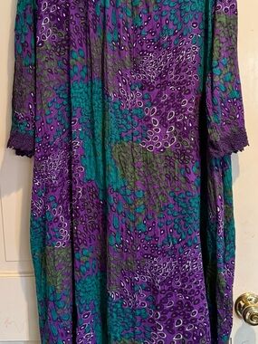 Expressions Purple Floral Print Boho Tunic Maxi with Teal Accents and Crochet Tr